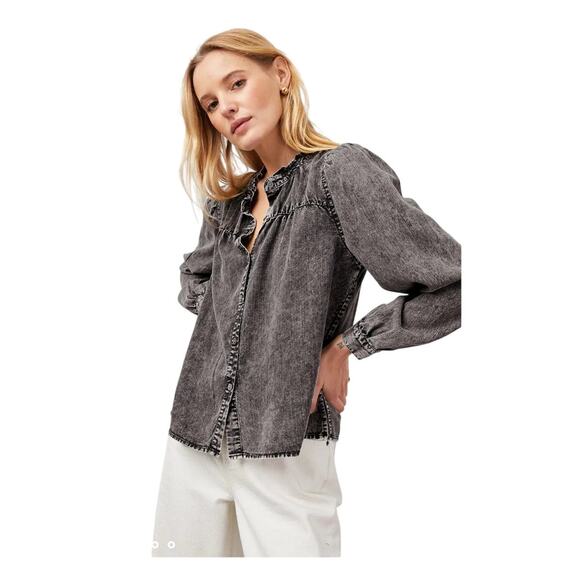 Rails Camille Acid Wash Jean puff sleeve blouse XS - Picture 1 of 13